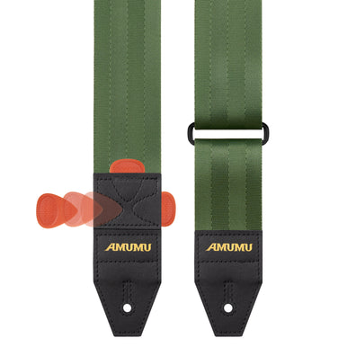 AMUMU Premium Army Green Guitar Strap with Full Grain Leather, Quick-Fetch Pick Holder & Heavy-Duty Buckles